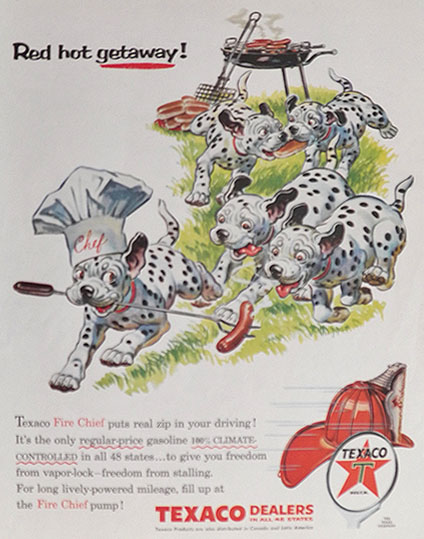 1956 Texaco Gas Ad ~ Dalmatians with Hot Dogs