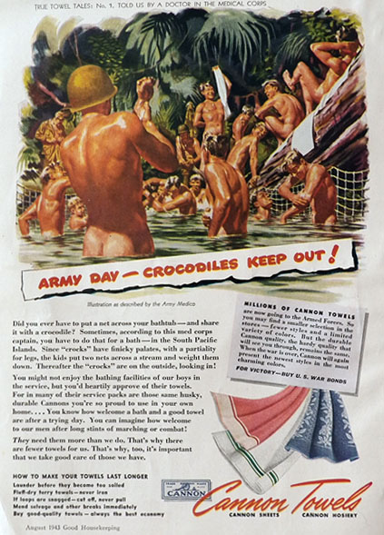 1943 Cannon Towels Ad ~ Army Day ~ Nude Guys Bathe