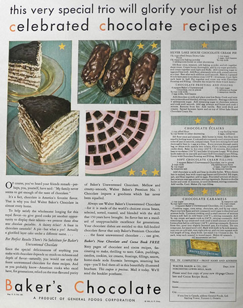 1930 Baker's Chocolate Ad ~ Cream Pie & Eclairs Recipe