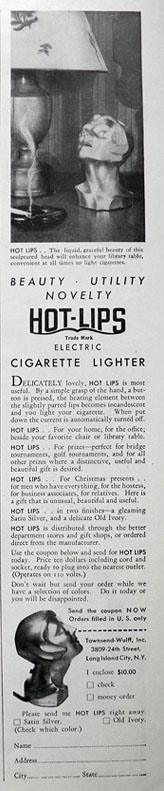 1930 "Hot Lips" Novelty Electric Cigarette Lighter Ad