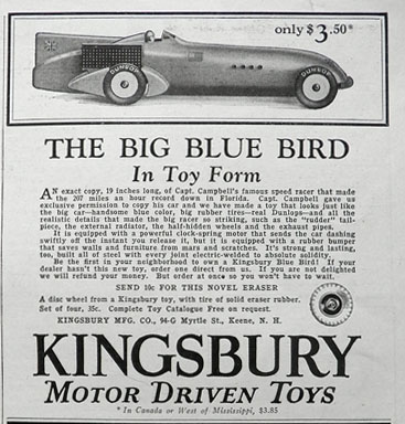 1928 Kingsbury Toy Ad ~ Big Blue Bird Motor Car