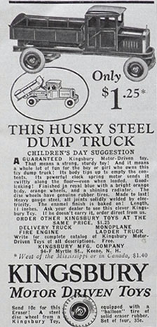 1928 Kingsbury Toy Ad ~ Husky Steel Dump Truck