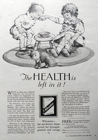 1928 Wheatena Cereal Ad ~ The Health Is Left In It!