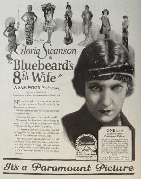 1923 Movie Ad ~ Gloria Swanson ~ Bluebeards 8th Wife