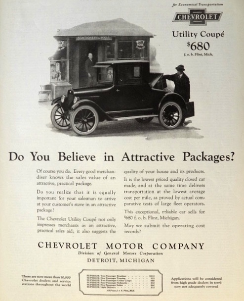 1923 Chevy Utility Coupe Ad ~ Attractive Package