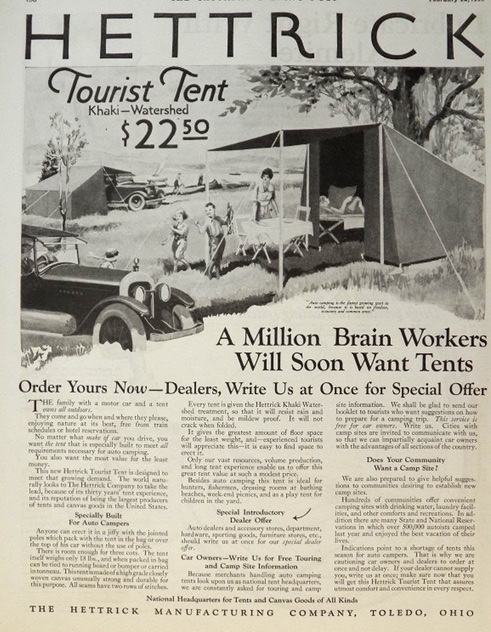 1923 Hettrick Tourist Tent Ad ~ For Auto Campers
