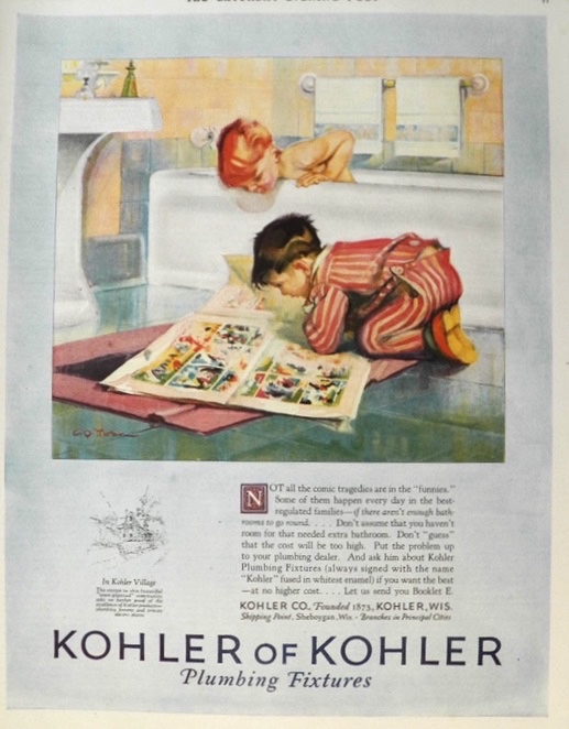 1926 Kohler Plumbing Ad ~ Boy Reads Funnies