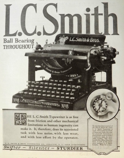 1923 L.C. Smith No.8 Typewriter Ad ~ Ball Bearing Throughout