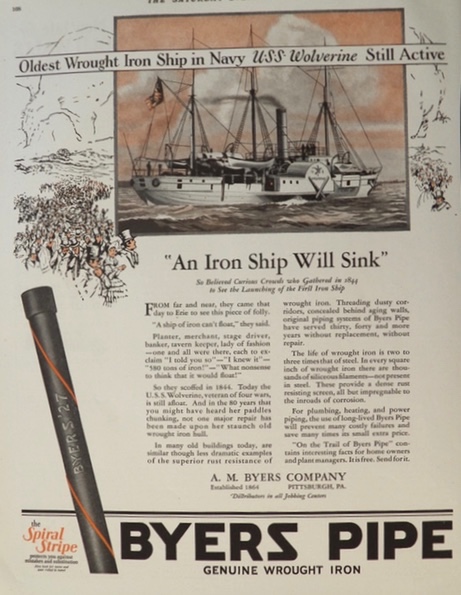 1927 Byers Wrought Iron Pipe Ad ~ U.S.S. Wolverine