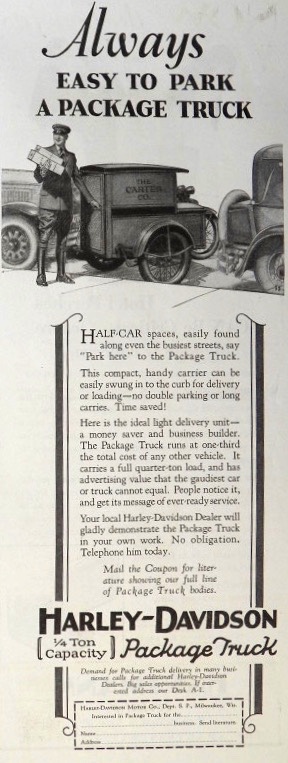 1929 Harley Davidson Package Truck Ad ~ Easy to Park