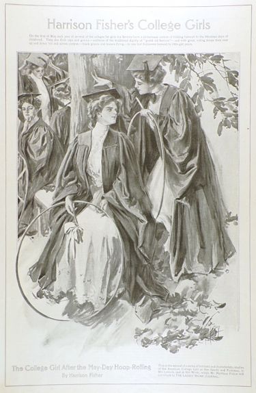 1909 Harrison Fisher Print ~ College Girls ~ May Day Hoop Rolling