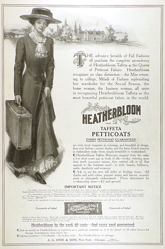 1909 Antique Heatherbloom Taffeta Petticoats Ad