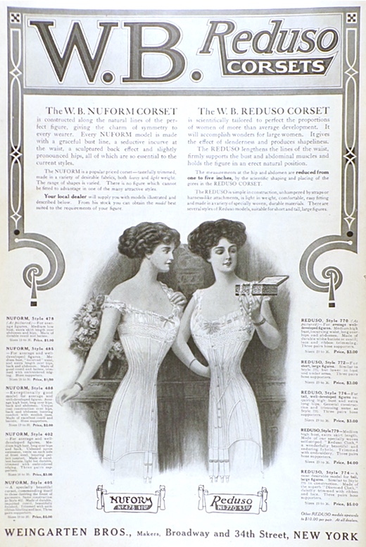 1910 W.B. Corset Ad ~ Nuform & Reduso Corsets