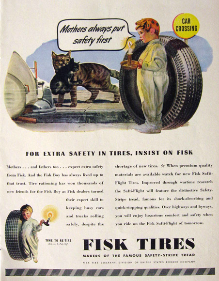 1945 Fisk Tires Ad ~ Mother Cat with Kitten