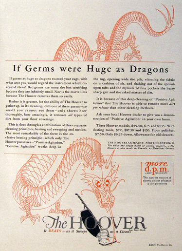1929 Hoover Vacuum Cleaner Ad ~ Germs As Huge As Dragons