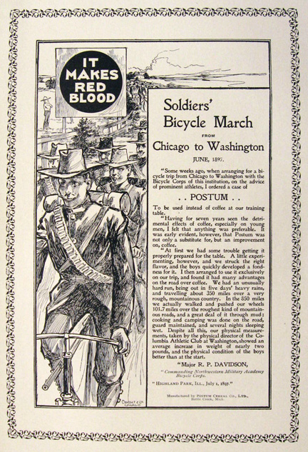 1897 Postum Beverage Ad ~ Soldier's Bicycle March