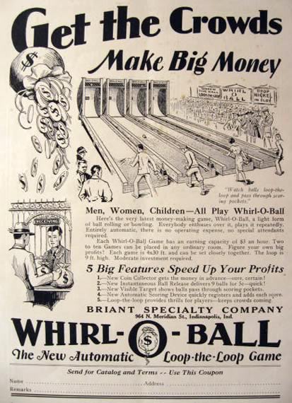 1929 Whirl-O-Ball Arcade Game Ad