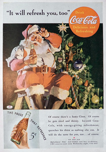 1935 Coca Cola Coke Ad ~ Santa By The Tree