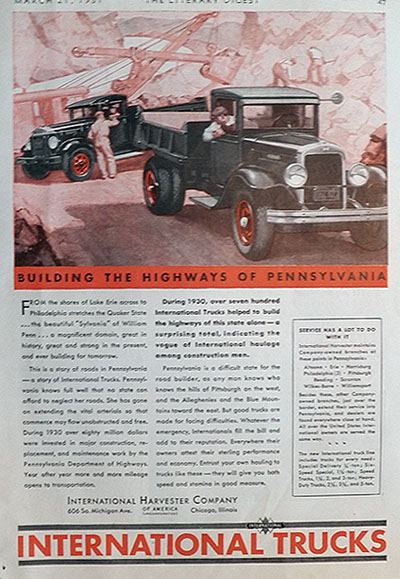 1931 International Trucks Ad ~ Pennsylvania Highways