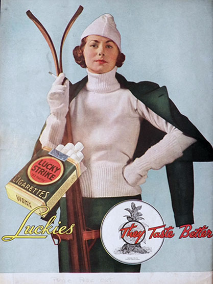 1935 Lucky Strike Cigarettes Ad ~ Lady with Vintage Skis