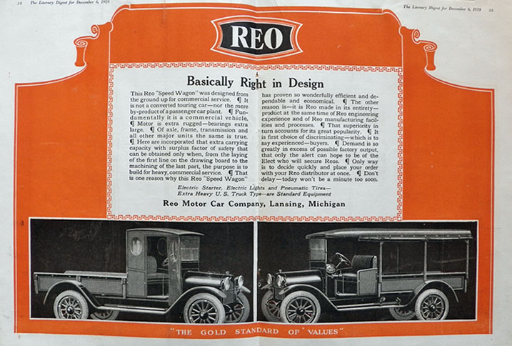 1919 Reo Speed Wagon Car Ad ~ Gold Standard