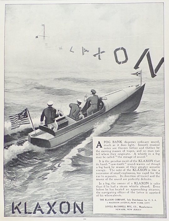 1910 Antique Klaxon Horn Ad ~ On a Boat