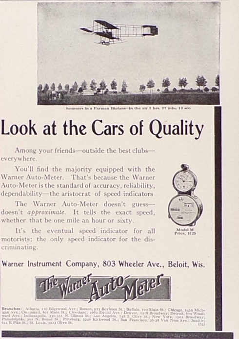 1910 Warner Autometer Ad ~ Farman Biplane Photo