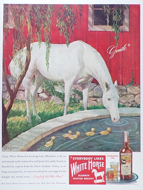1946 White Horse Whiskey Ad ~ Horse with Ducklings