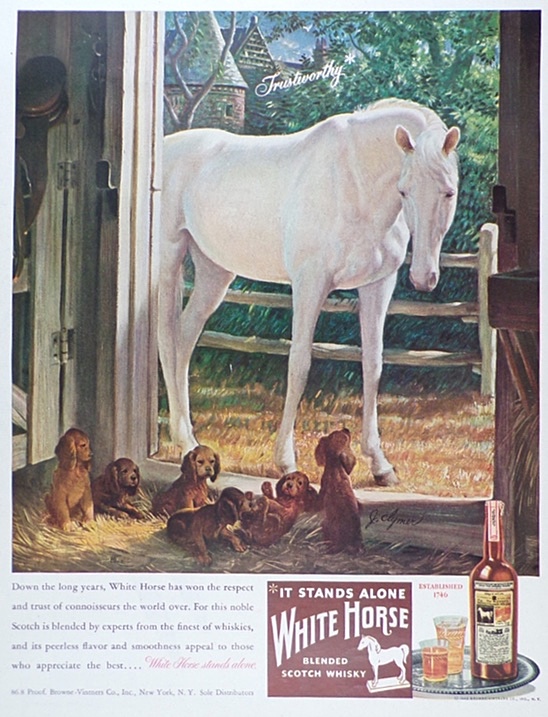 1946 White Horse Whiskey Ad ~ Horse with Puppies