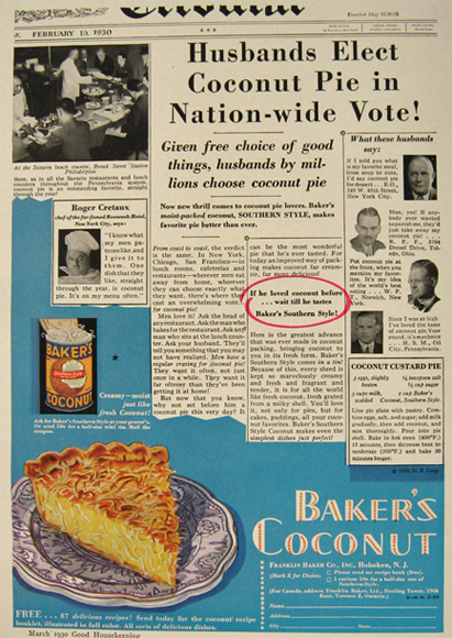 1930 Baker's Coconut Ad ~ Coconut Custard Pie Recipe