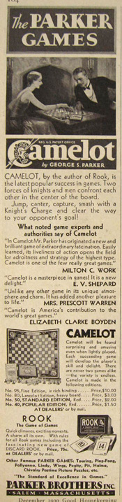1930 Parker Brothers Camelot Game Ad