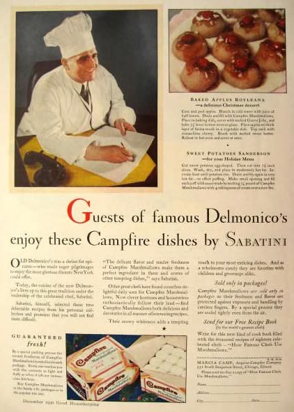 1930 Campfire Marshmallows Ad ~ Delmonico's Restaurant, NY