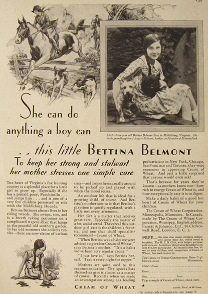 1930 Cream of Wheat Ad ~ Bettina Belmont, Middleburg, VA