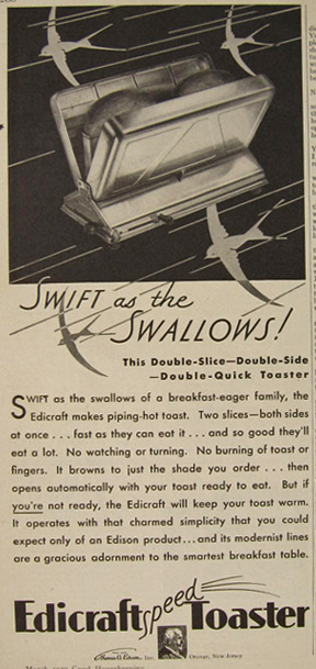 1930 Vintage Edicraft Speed Toaster Ad ~ Swift as Swallows