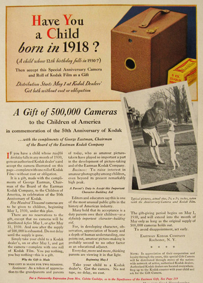 1930 Kodak 50th Anniversary Camera Ad ~ Free to Children Born in 1918