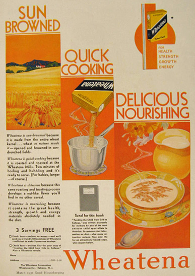 1930 Wheatena Cereal Ad ~ Sun Browned, Quick Cooking