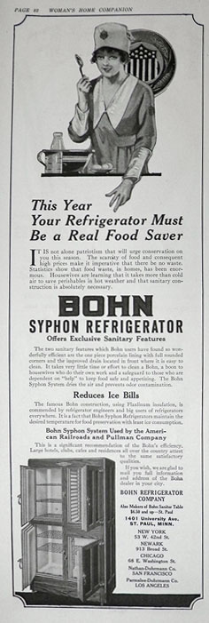 1918 WWI Bohn Syphon Refrigerator Ad ~ Food Saver