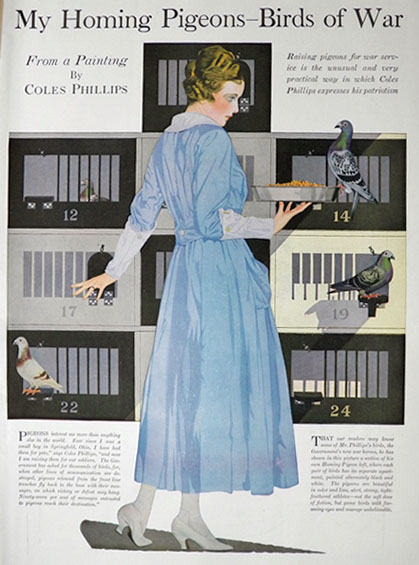 1918 Coles Phillips Print ~ Woman with Homing Pigeons