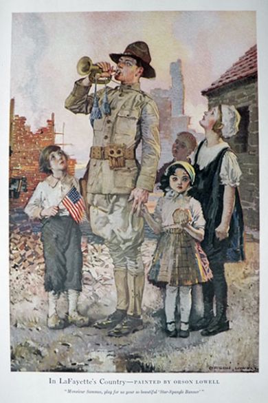 1918 Orson Lowell Print ~ Soldier Plays Bugle for French Children
