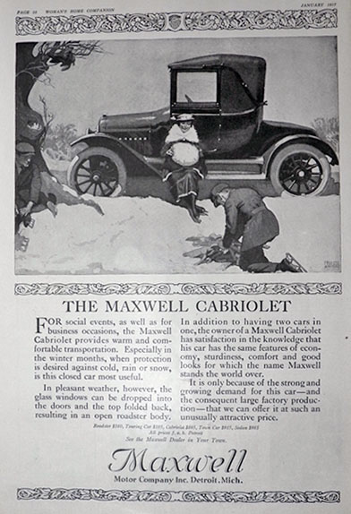 1917 Maxwell Cabriolet Car Ad ~ Skaters Build Fire in Snow