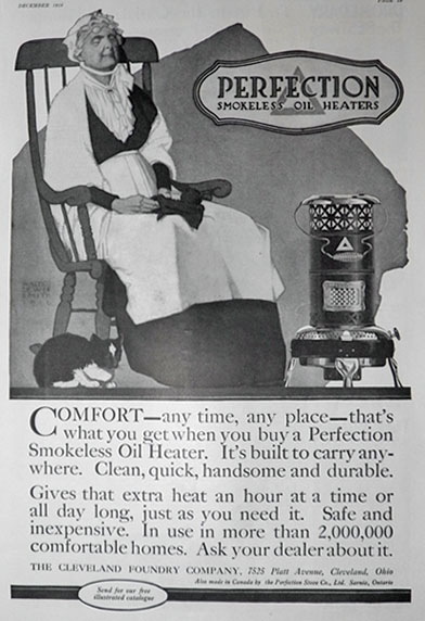 1916 Perfection Oil Heater Ad ~ Grandma with Cat