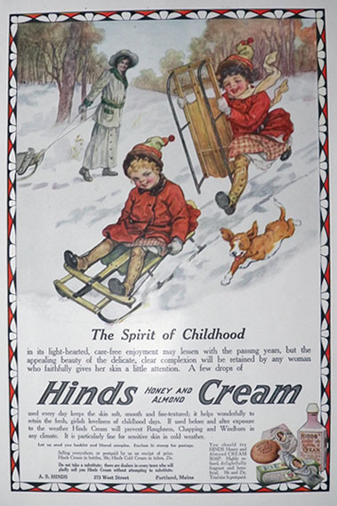 1916 Hinds Hand Cream Ad ~ Children Sledding with Dog