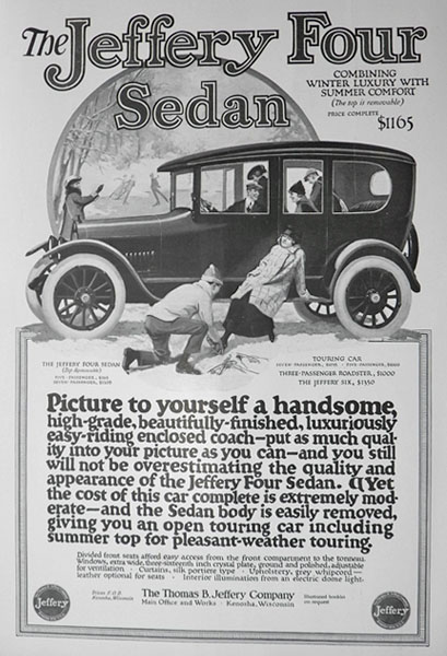 1916 Jeffery Four Sedan Car Ad ~ Winter Luxury, Summer Comfort