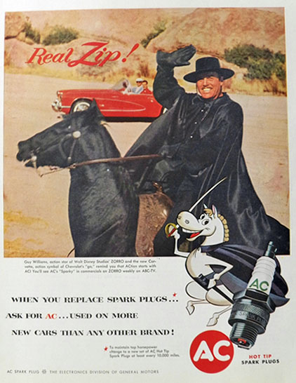 1959 AC Spark Plugs Ad ~ Guy WIlliams, Zorro
