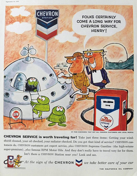 1959 Chevron Gas Ad ~ Hy Finn ~ Aliens in Spaceship