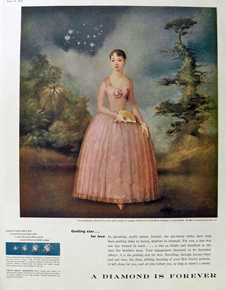 1958 De Beers Diamond Ad ~ Constellation Gemini ~ Leona Wood