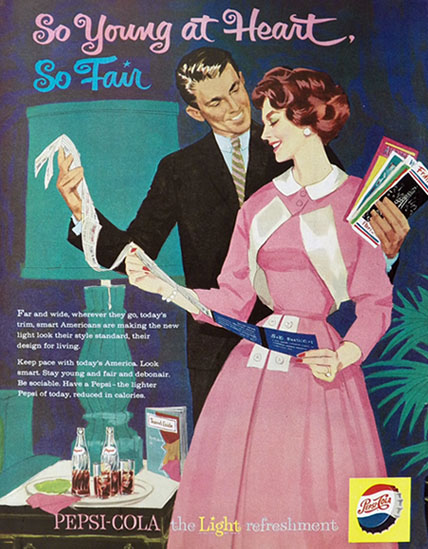 1959 Pepsi Ad ~ Couple Examines Some Travel Brochures
