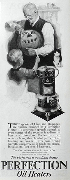 1925 Perfection Oil Heater Ad ~ Grandpa Carves Pumpkin