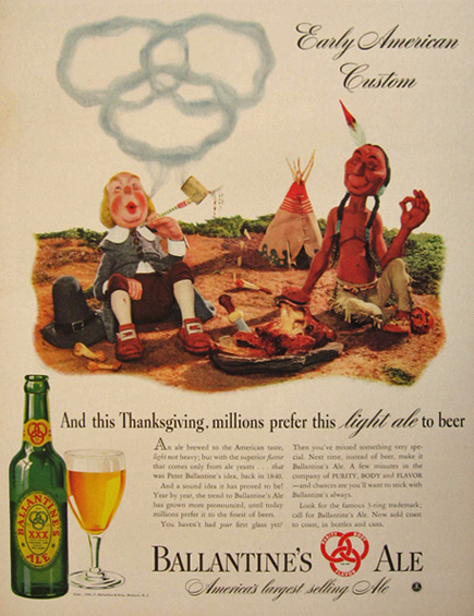 1940 Ballantine's Ale Ad ~ Pilgrim & Indian