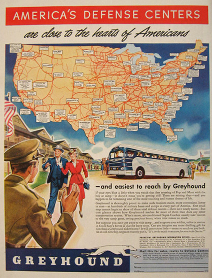 1941 Greyhound Bus Ad ~ Map of America's Defense Centers